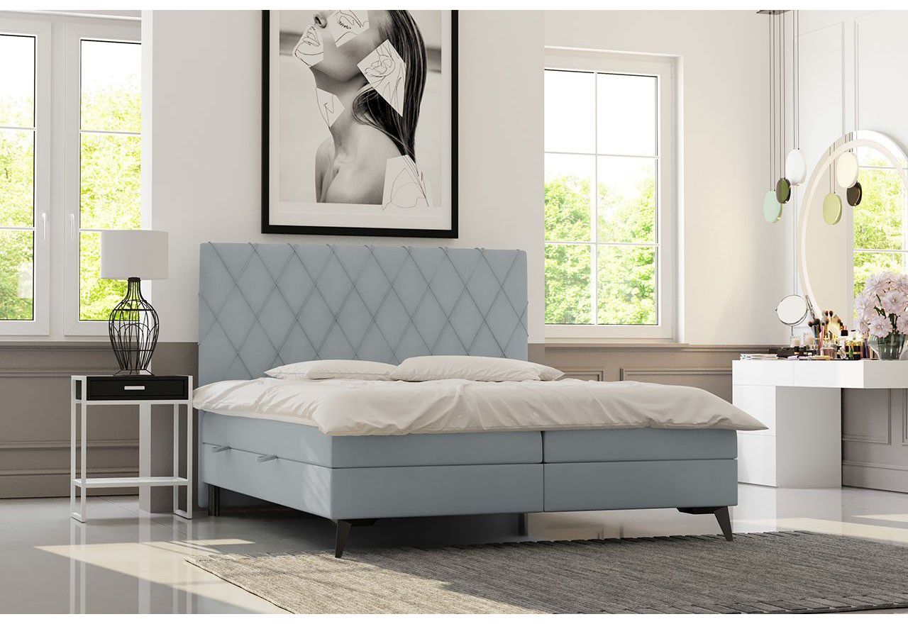 Łóżko kontynentalne z przeszywanym zagłówkiem i w welurowej tkaninie, z materacem 200x200 cm do sypialni - MIRA szary