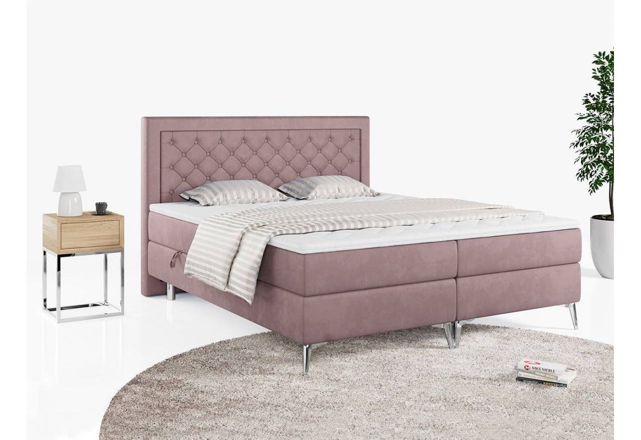 Dwuosobowe łóżko kontynentalne z pikowanym wezgłowiem w tkaninie typu welwet - MACAN 140x200 różowy
