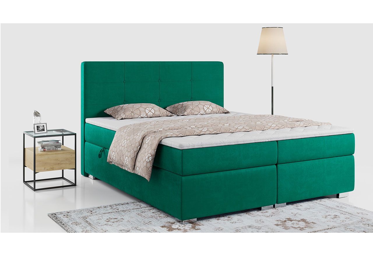 Łóżko do sypialni kontynentalne 200x200 z pikowanym zagłówkiem, welurowe z opcją pojemnika - VESNA butelkowa zieleń