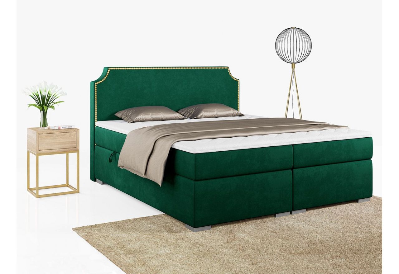 Łóżko kontynentalne w stylu glamour, z wezgłowiem i tapicerką w kolorze butelkowa zieleń LENTA 160x200