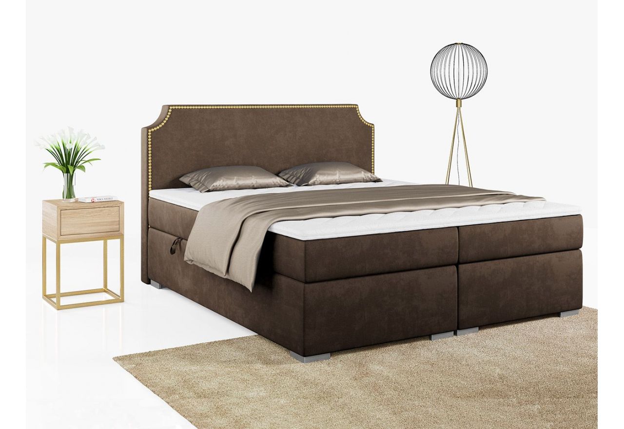 Szerokie welurowe łóżko kontynentalne z tapicerowanym zagłówkiem LENTA brązowe 180x200