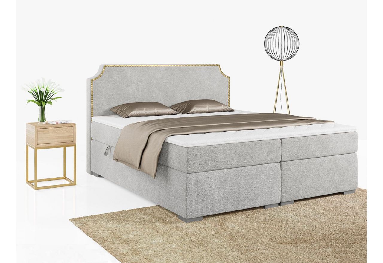 Dwuosobowe łóżko kontynentalne z zagłówkiem i złotymi pinezkami ozdobnymi LENTA jasnoszare 140x200