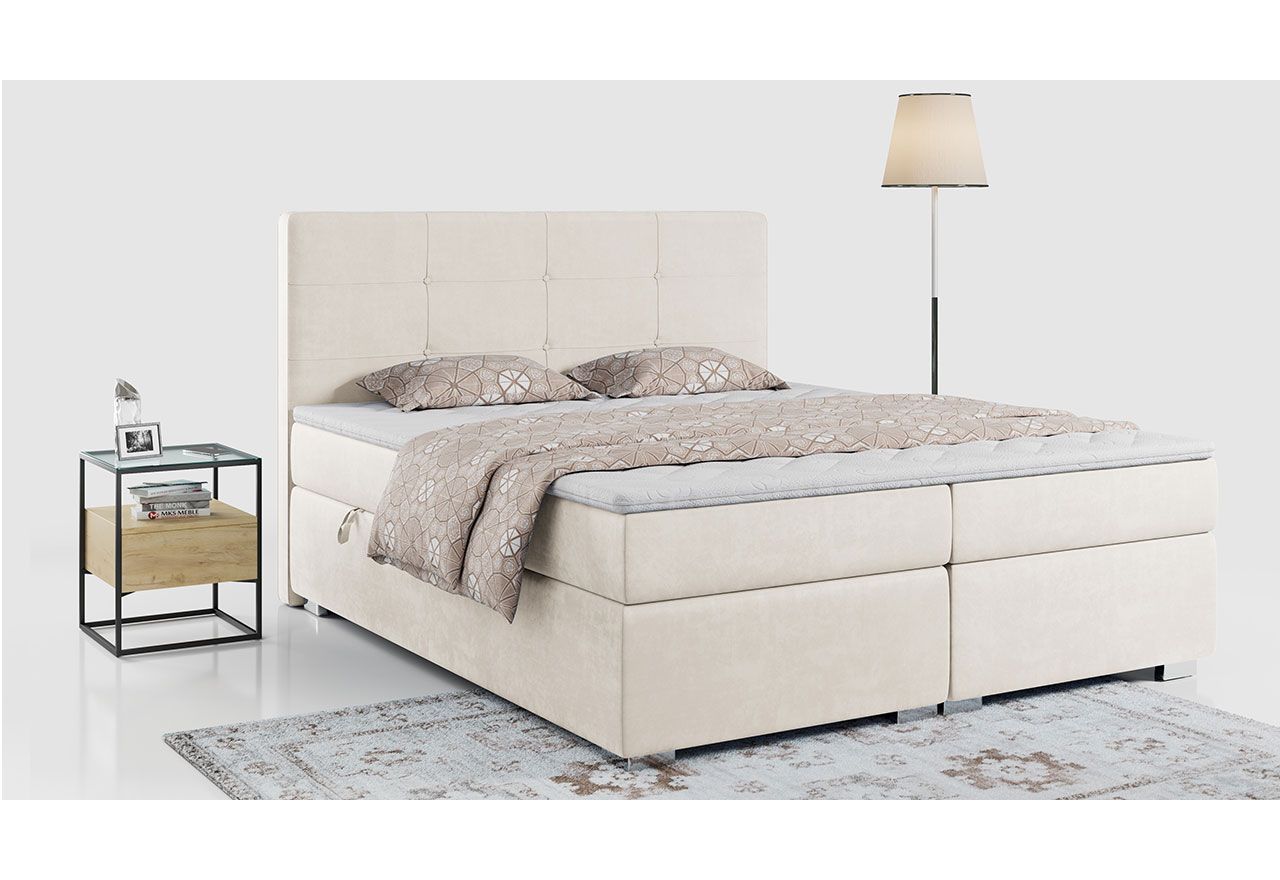 Łóżko do sypialni z materacem 200x200, kontynentalne w kremowej tkaninie typu welur - VESNA