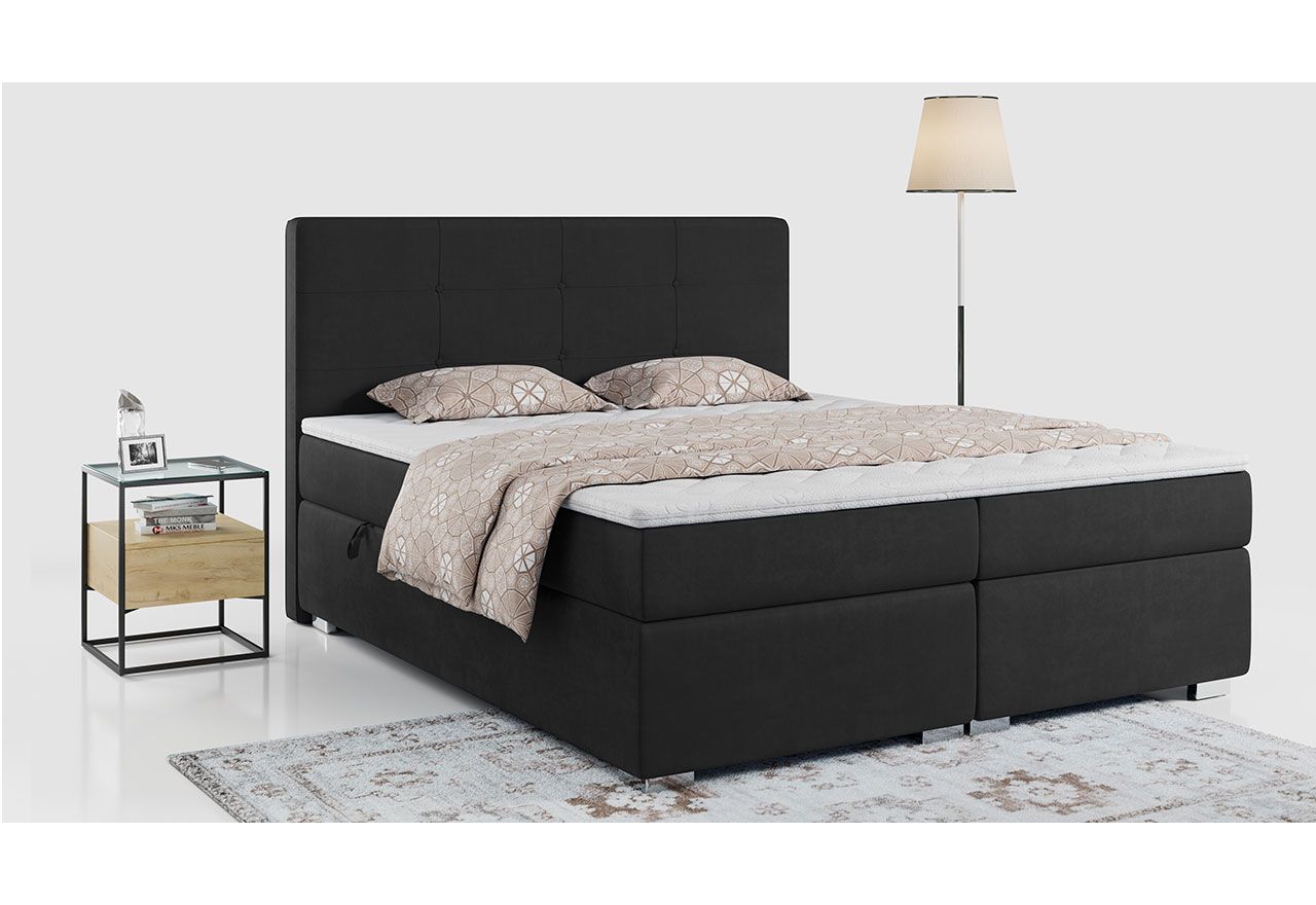 Wysokie łóżko kontynentalne z materacem 200x200 VESNA, czarne, welurowe do sypialni