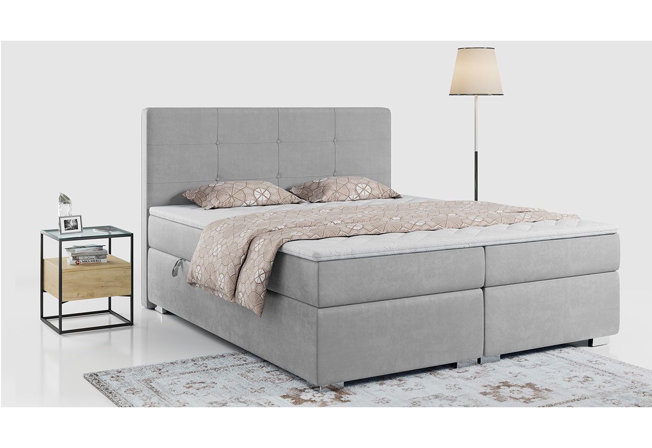 Łóżko 2 osobowe VESNA z materacem 200x200, kontynentalne z opcją pojemnika do sypialni, jasny szary