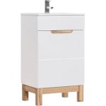 Modna i praktyczna szafka 50 cm pod umywalkę na wysokich nóżkach do łazienki - CORINO / Biały Kasai połysk / Biały / Dąb Wotan