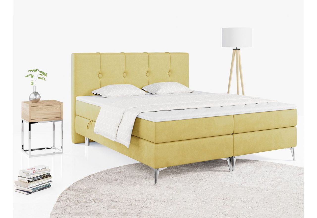 Pikowane łóżko kontynentalne z chromowanymi nóżkami, sprężynowym materacem i wysokim wezgłowiem RINALDI 140x200 żółte