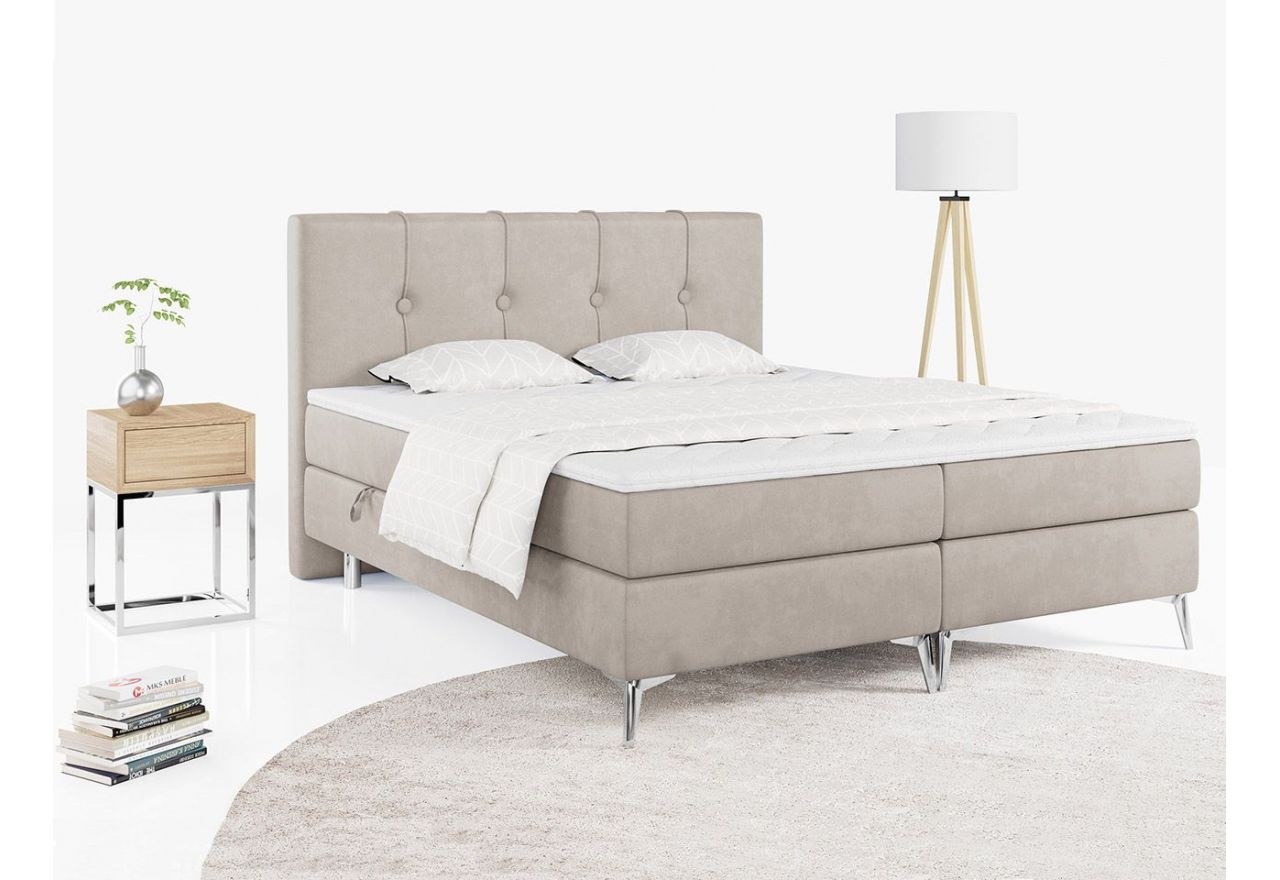 Szerokie łóżko kontynentalne z beżową welurową tapicerką i możliwością rozbudowy o pojemniki na pościel RINALDI 200x200