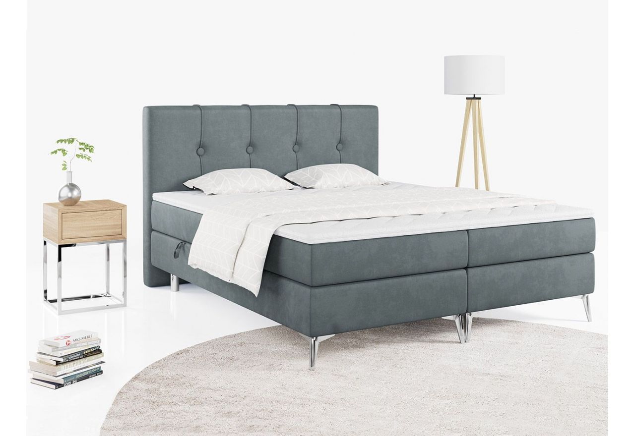 Wysokie łóżko kontynentalne z ciemnoszarą welurową tapicerką i sprężynowym materacem RINALDI 140x200