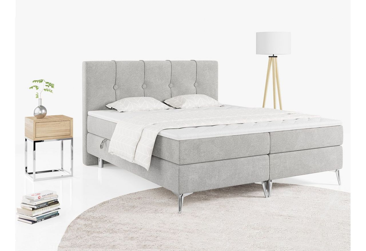 Łóżko kontynentalne RINALDI z pikowanym wezgłowiem w stylu glamour i srebrnymi nóżkami 140x200 szare