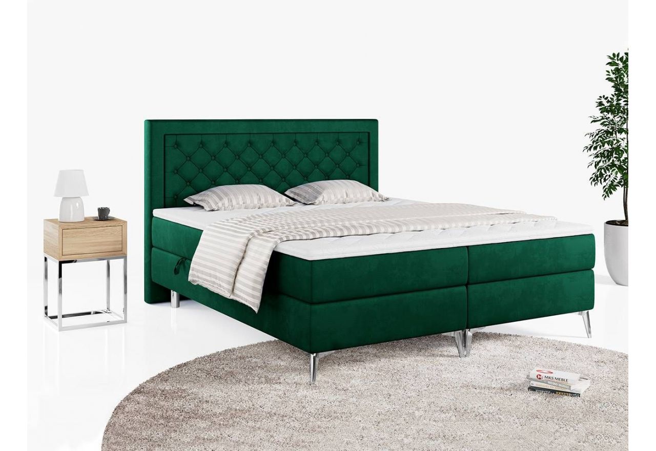 Ponadczasowe łóżko kontynentalne pikowane, obite przyjemną w dotyku tkaniną - MACAN 180x200 butelkowa zieleń