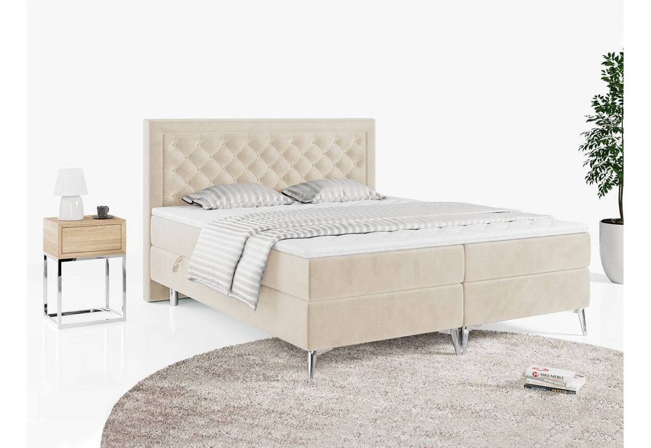 Podwójne łóżko kontynentalne z opcją imitacji kryształków, obite przyjemną plecionką - MACAN 140x200 jasny szary