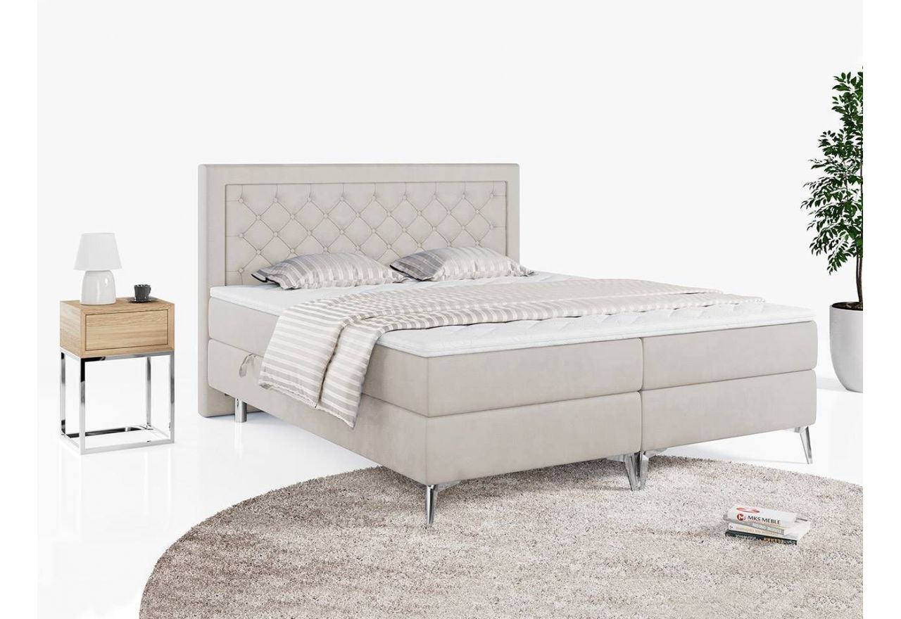 Podwójne łóżko kontynentalne z opcją imitacji kryształków, obite przyjemną plecionką - MACAN 140x200 jasny szary