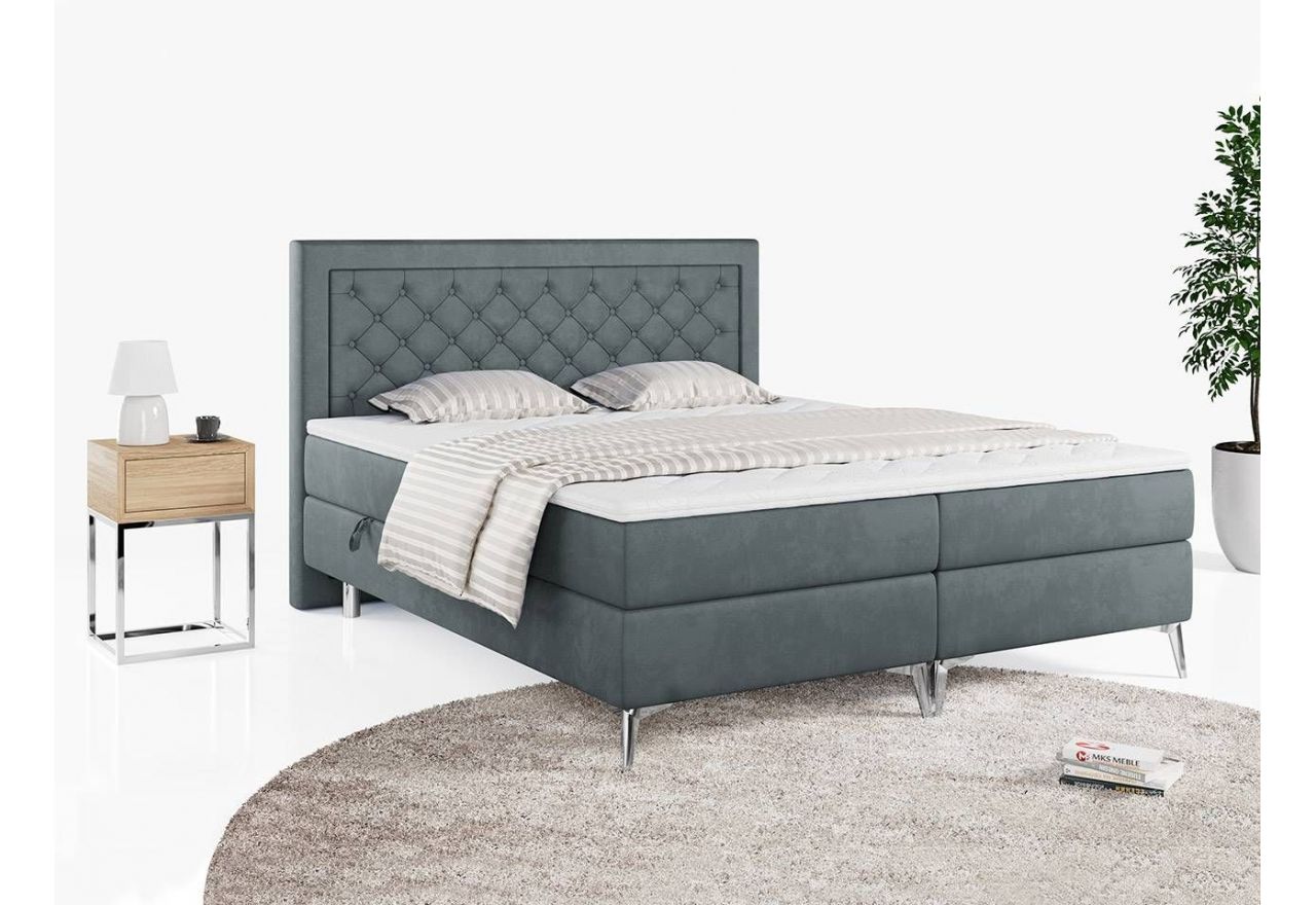 Podwójne łóżko kontynentalne z opcją imitacji kryształków, obite przyjemną plecionką - MACAN 140x200 jasny szary