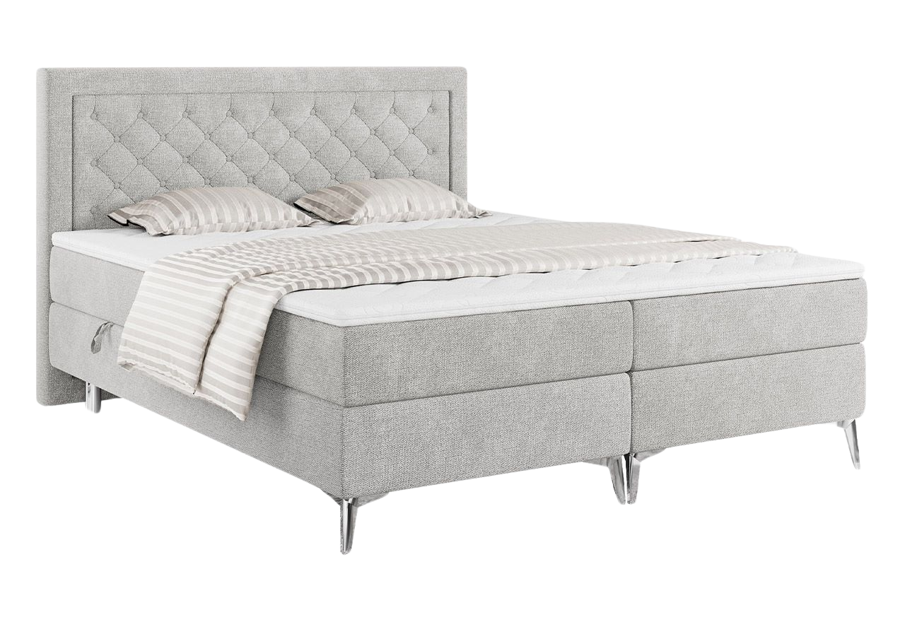 Podwójne łóżko kontynentalne z opcją imitacji kryształków, obite przyjemną plecionką - MACAN 140x200 jasny szary