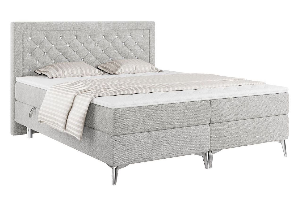 Podwójne łóżko kontynentalne z opcją imitacji kryształków, obite przyjemną plecionką - MACAN 140x200 jasny szary