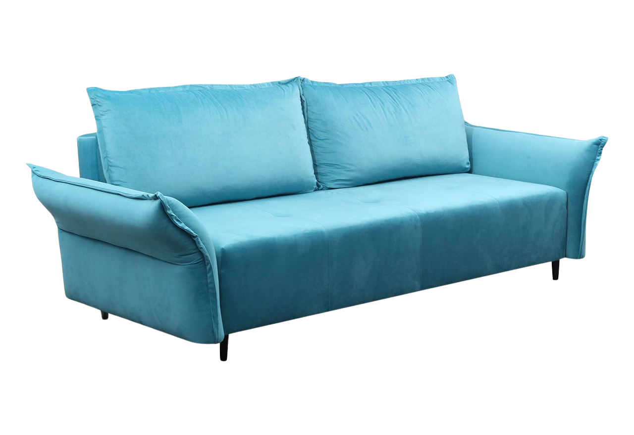 Miękka sofa z siedziskiem na sprężynach i wbudowaną funkcją spania NOVARA błękitna