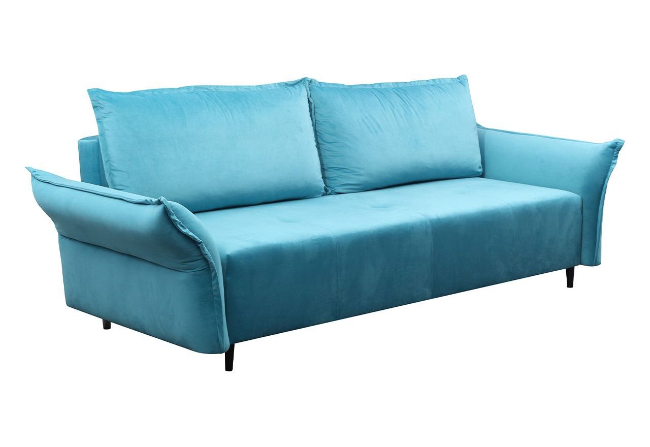 Miękka sofa z siedziskiem na sprężynach i wbudowaną funkcją spania NOVARA błękitna
