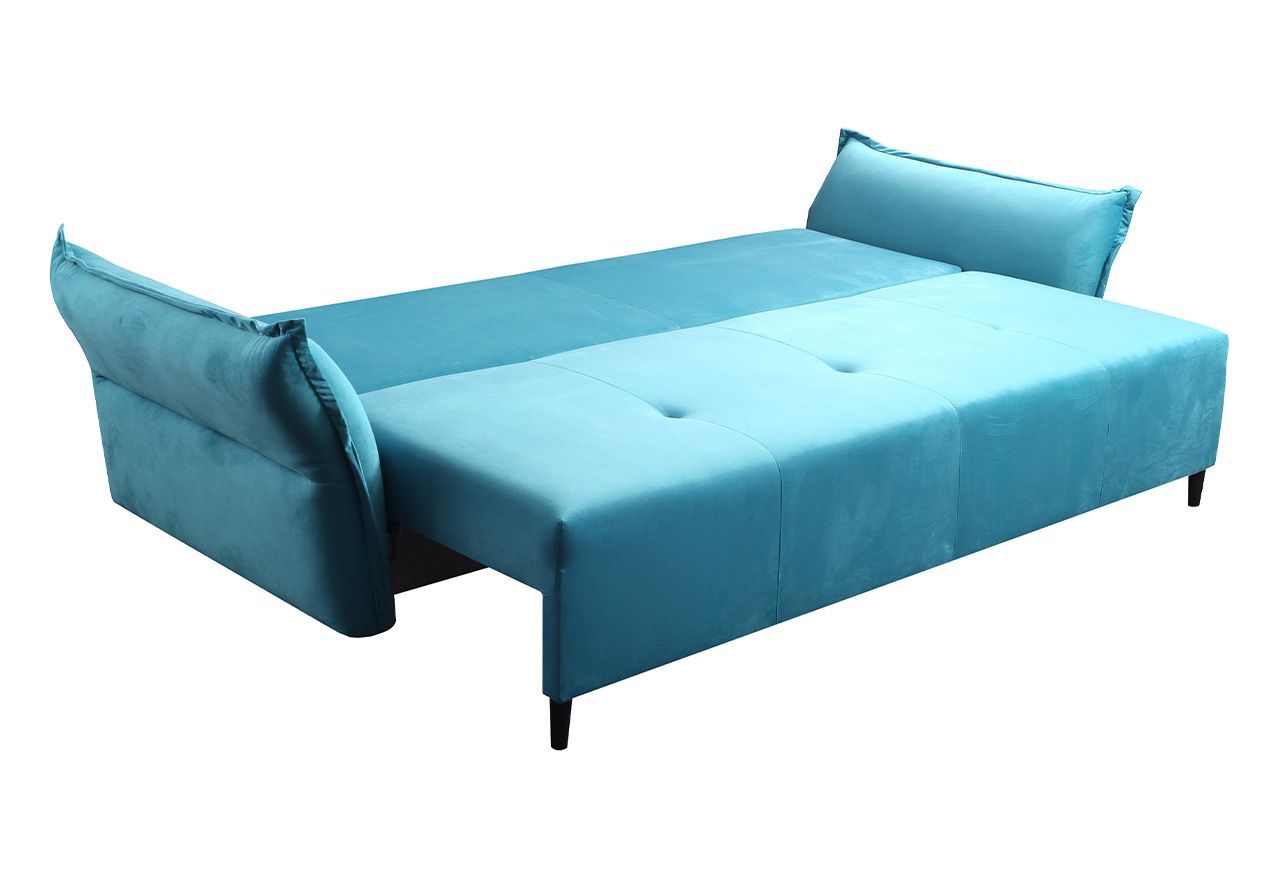 Miękka sofa z siedziskiem na sprężynach i wbudowaną funkcją spania NOVARA błękitna