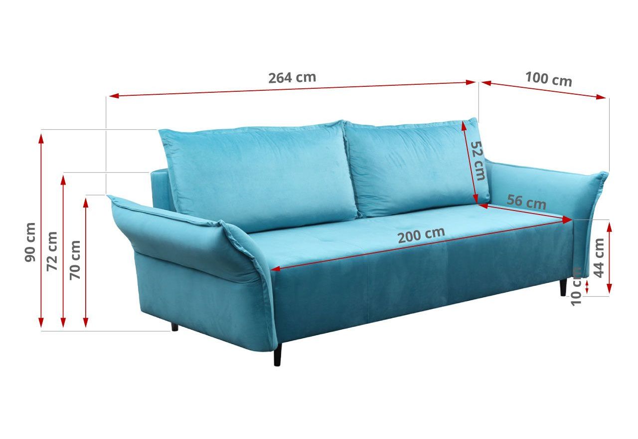 Miękka sofa z siedziskiem na sprężynach i wbudowaną funkcją spania NOVARA błękitna