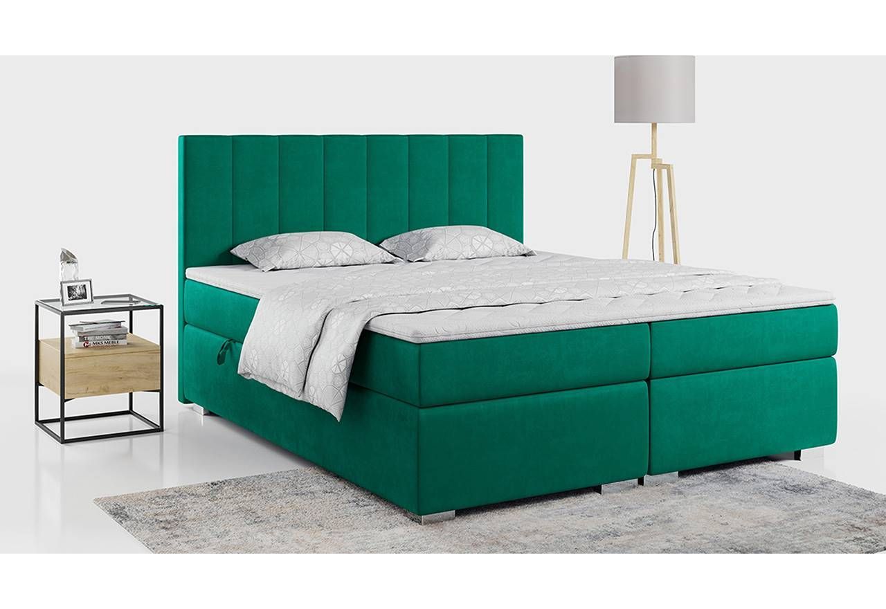 Dwuosobowe łóżko do sypialni LOPE, kontynentalne 200x200 cm, z materacem, welurowe w kolorze butelkowej zieleni