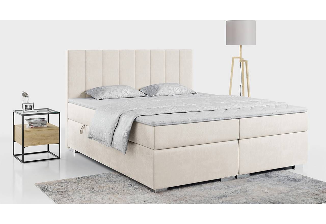 Podwójne łóżko kontynentalne welurowe LOPE z materacem 200x200 cm, kremowe do sypialni