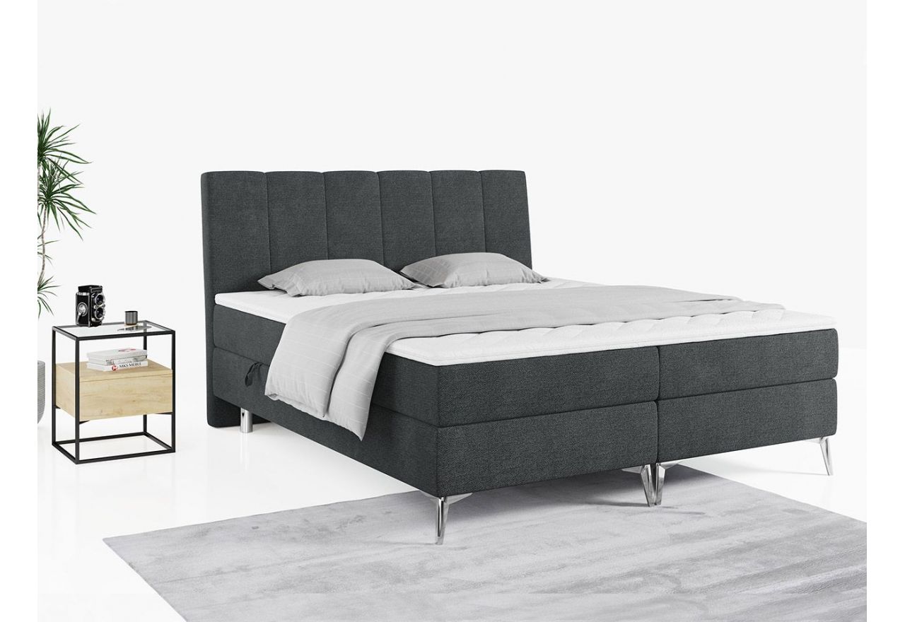 Grafitowe łóżko kontynentalne z chromowanymi metalowymi nogami i wysokim tapicerowanym wezgłowiem ADELANO 120x200