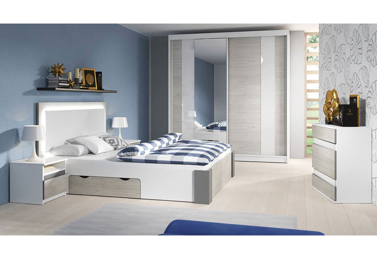 Zestaw mebli w eleganckim stylu do sypialni ze stolikami nocnymi i łóżkiem z LED - HELOSI Biały / Kathult