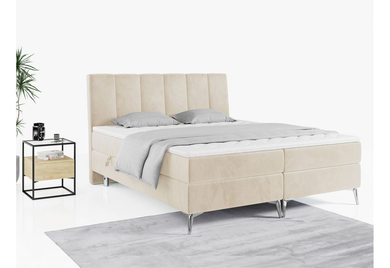 Komfortowe łóżko kontynentalne ADELANO z dwoma materacami i tapicerowanym wezgłowiem, beżowe 140x200