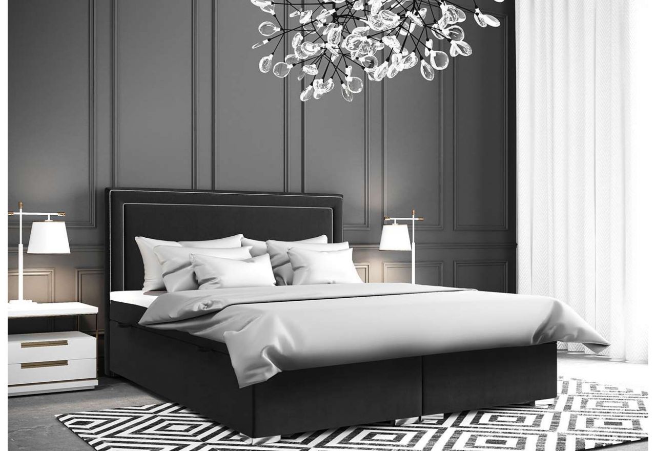 Łóżko z zagłówkiem, kontynentalne z materacem 200x200 cm ZORAN, czarne w welurowej tkaninie, do sypialni