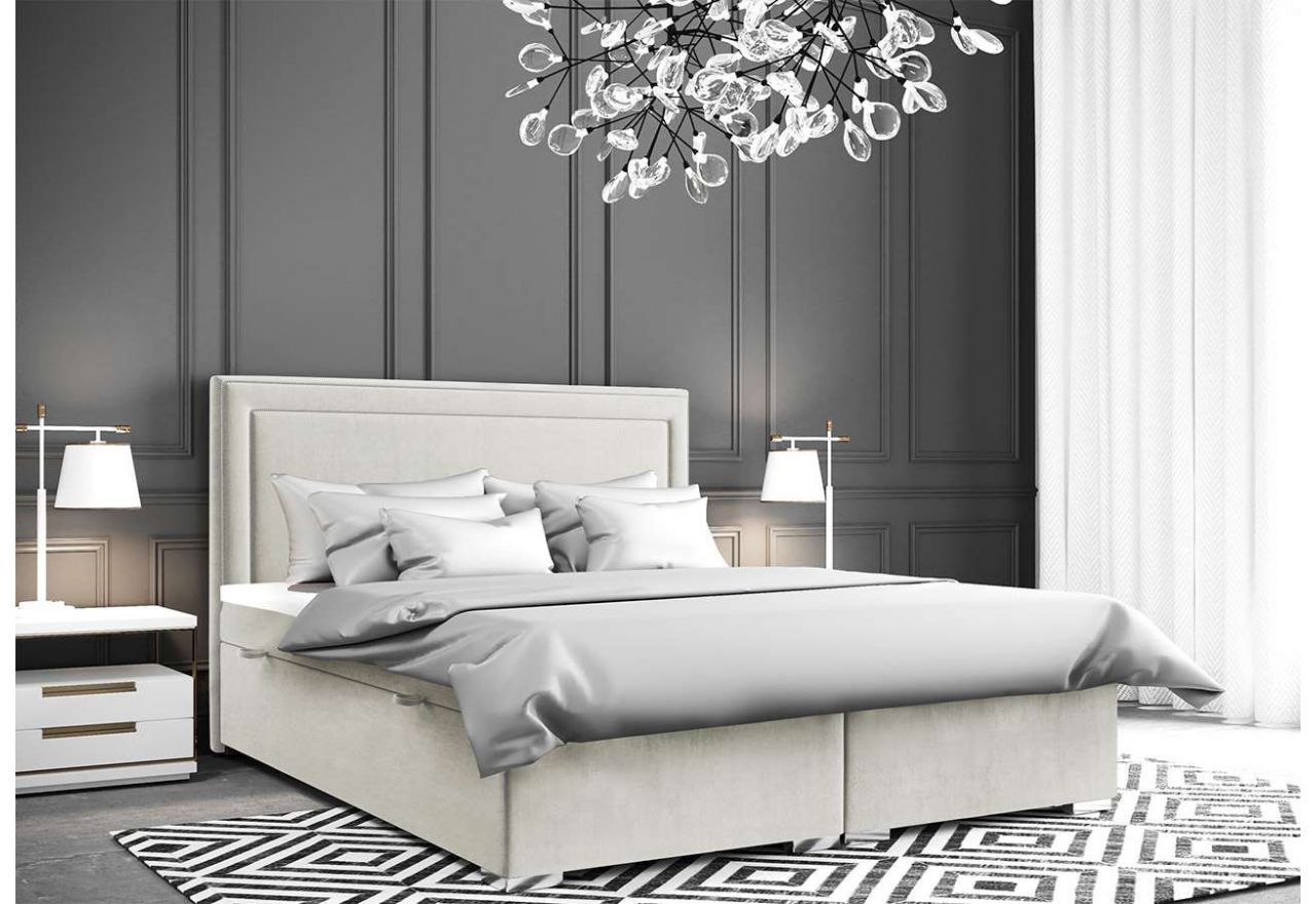 Welurowe łóżko kontynentalne podwójne 200x200 cm ZORAN, z materacem ze sprężynami bonell, kremowe do sypialni