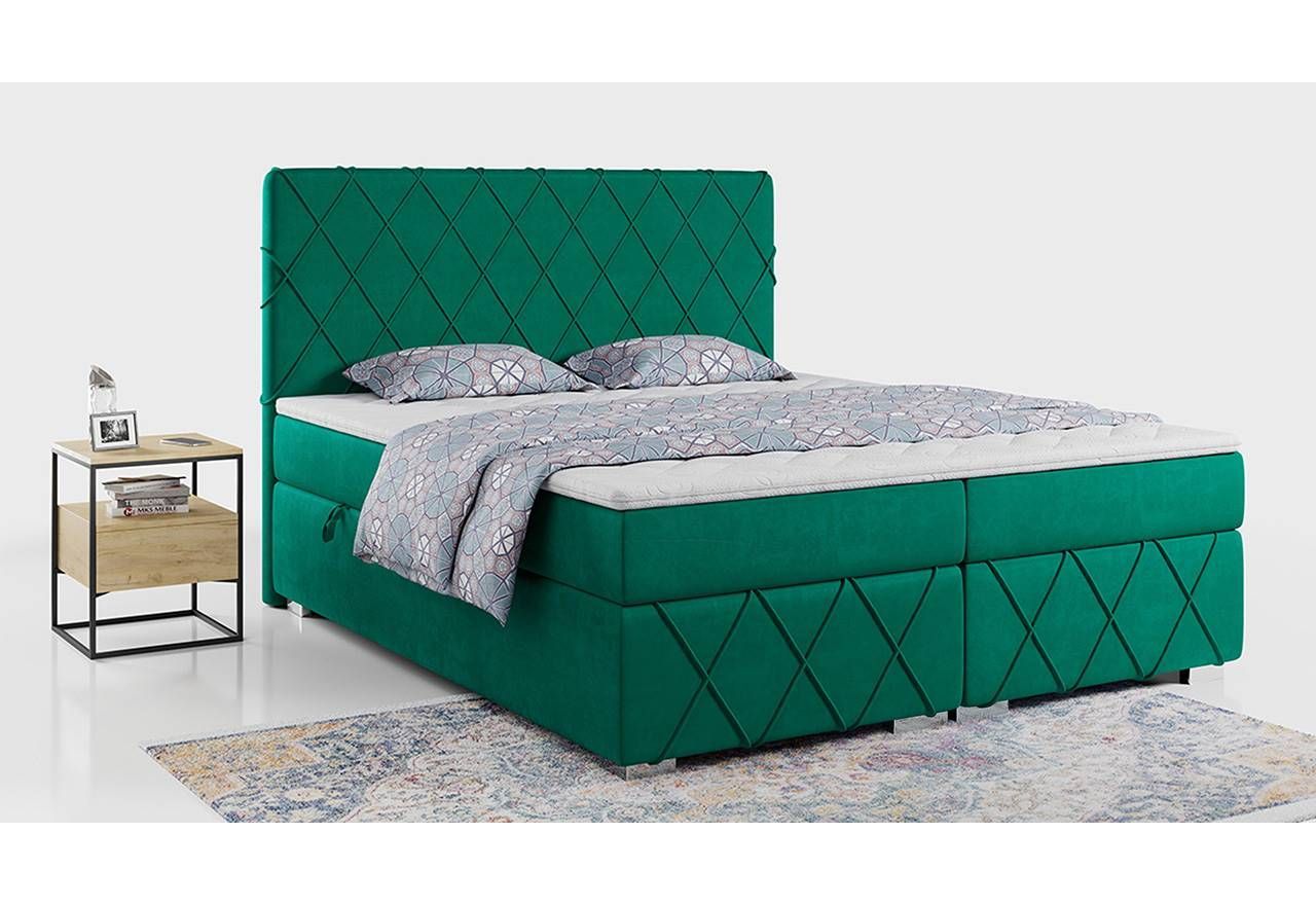 Łóżko do sypialni, kontynentalne 200x200 cm IRMA w welurowej tkaninie, w kolorze butelkowej zieleni, z materacem sprężynowym