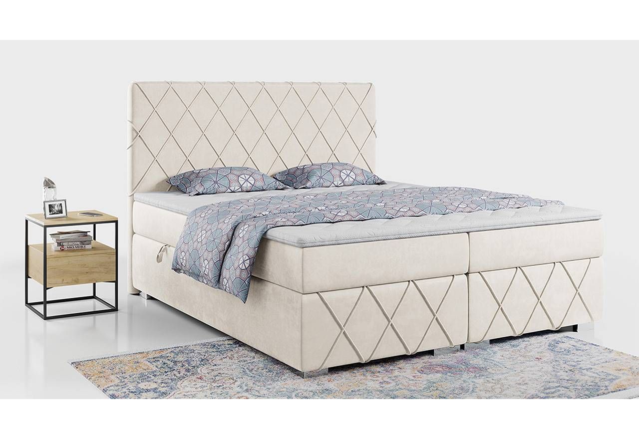 Dwuosobowe łóżko kontynentalne IRMA 200x200 cm z materacem do sypialni, kremowe z opcją pojemnika na pościel