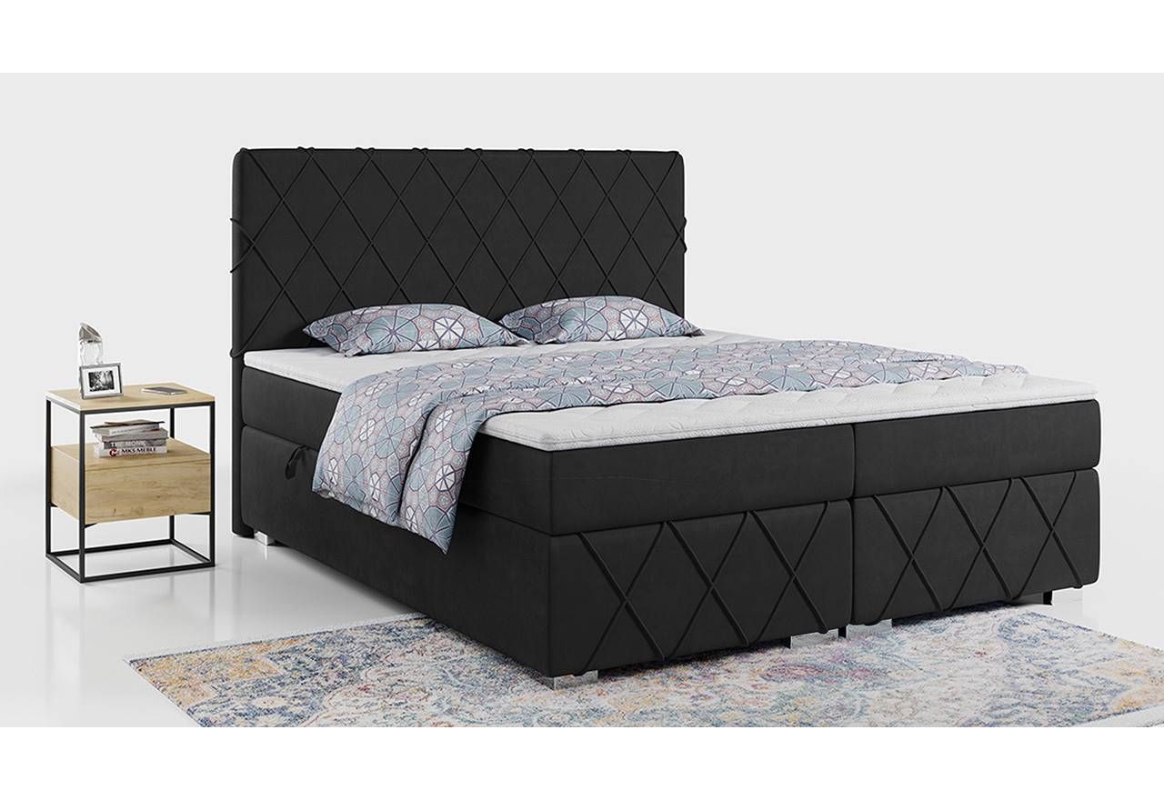 Łóżko 2 osobowe kontynentalne IRMA 200x200 cm z materacem sprężynowym, welurowe, czarne do sypialni