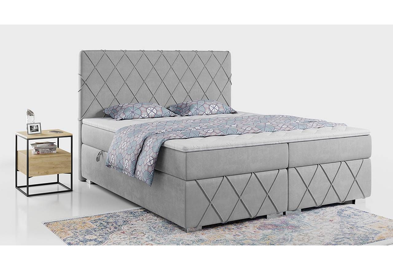 Łóżko IRMA z zagłówkiem w romby, kontynentalne 200x200 cm do sypialni, jasne szare, welwetowe z materacem sprężynowym