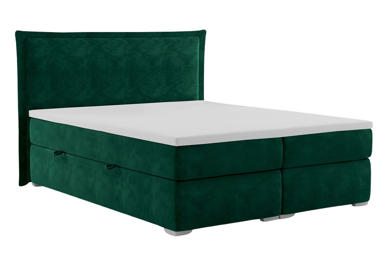 Łóżko kontynentalne do sypialni DAVOR 200x200 cm z opcją pojemnika, w welurowej tkaninie w kolorze butelkowej zieleni
