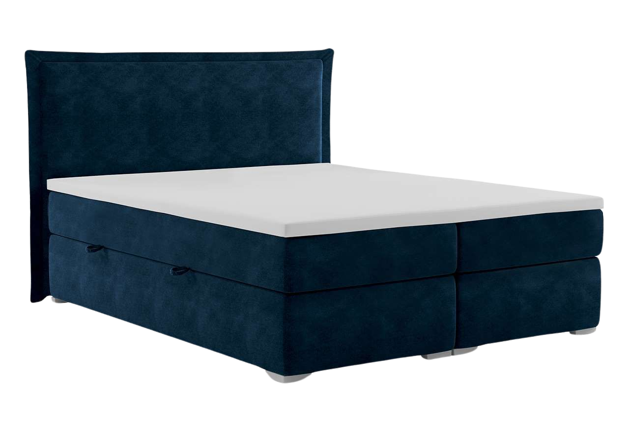 Wysokie łóżko kontynentalne DAVOR z materacem bonell 200x200 cm do sypialni, granatowe w welurowej tkaninie