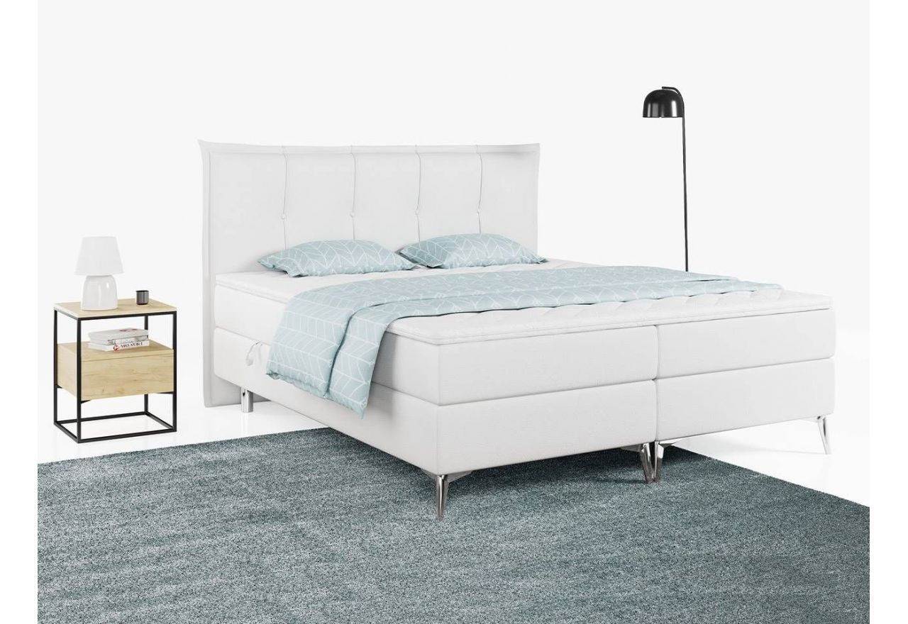 Modne łóżko kontynentalne z przeszywanym wezgłowiem na metalowych nogach - ARTFUL 140x200 biała ecoskóra