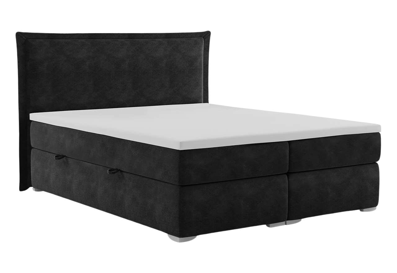 Podwójne, czarne łóżko kontynentalne DAVOR z materacem bonell 200x200 cm i wysokim zagłówkiem, w welurowej tkaninie