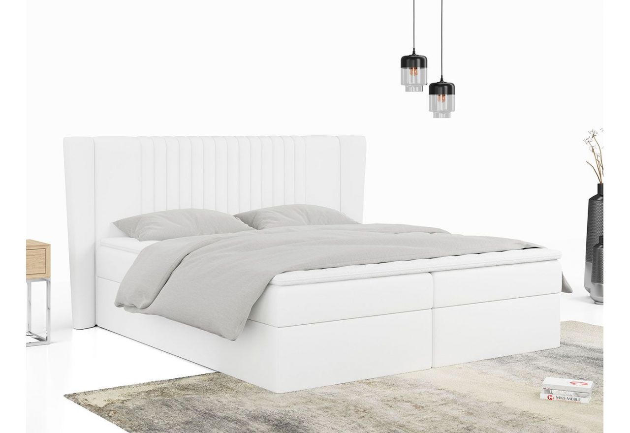 Dwuosobowe łóżko kontynentalne z tapicerką z białej ecoskóry SEDICO z dwoma materacami w zestawie 120x200