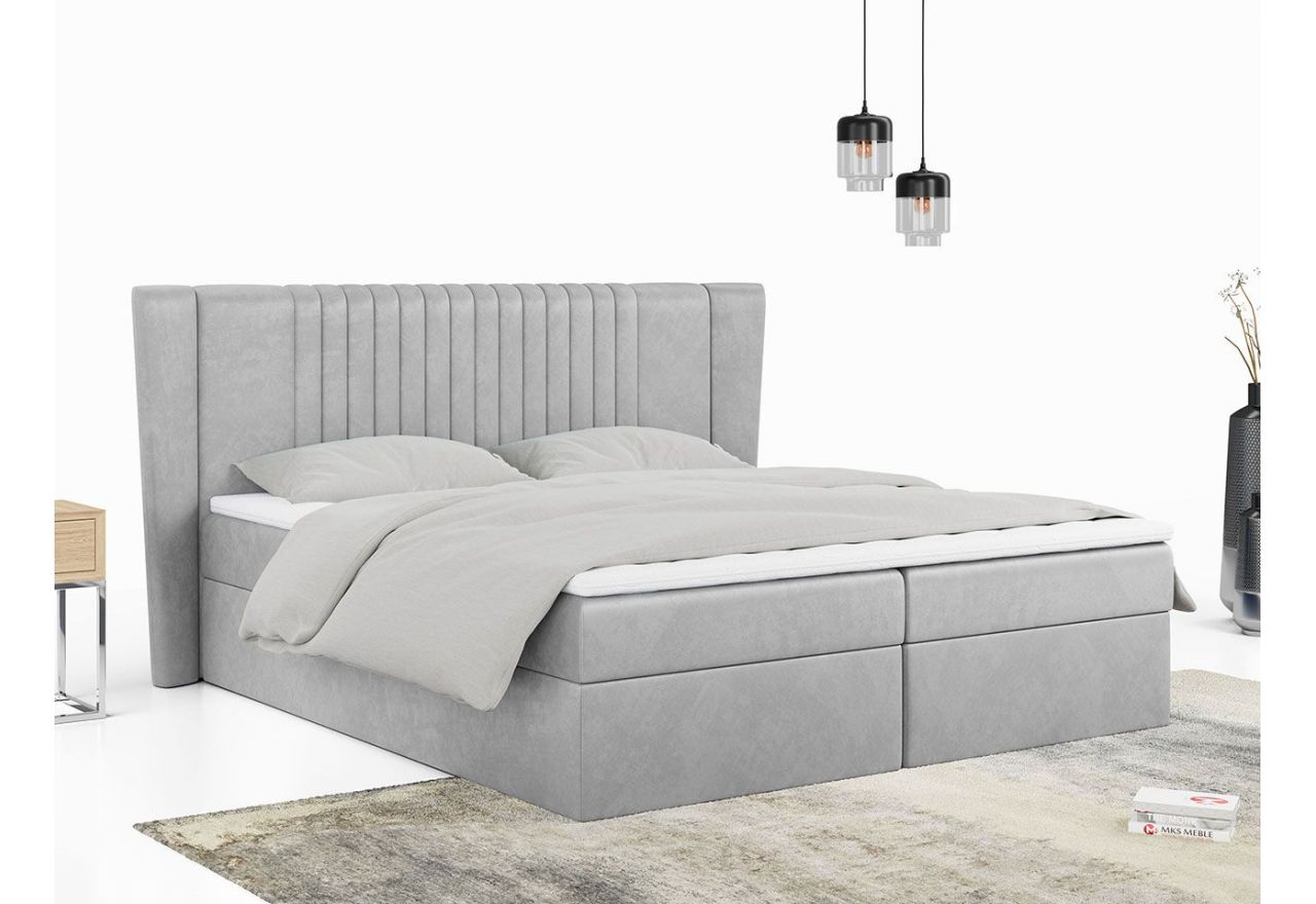 Jasnoszare łóżko z welurową tapicerką, wysokim zagłowiem i dwoma pojemnikami na pościel SEDICO 120x200