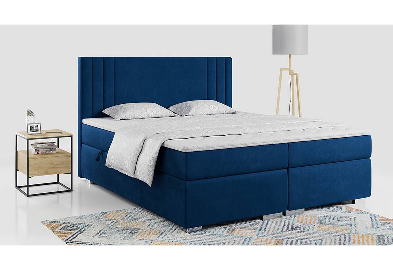 Granatowe łóżko kontynentalne do sypialni MARISE 200x200 cm, z przeszywanym zagłówkiem w welurowej tkaninie