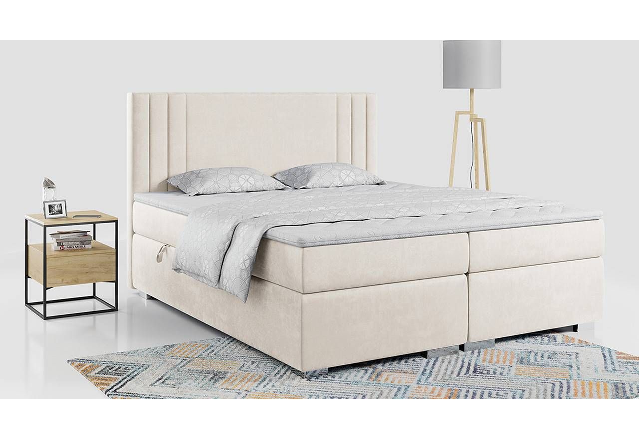 Łóżko 2 osobowe kontynentalne z wysokim zagłówkiem MARISE i materacem 200x200 cm w kremowej, welwetowej tkaninie
