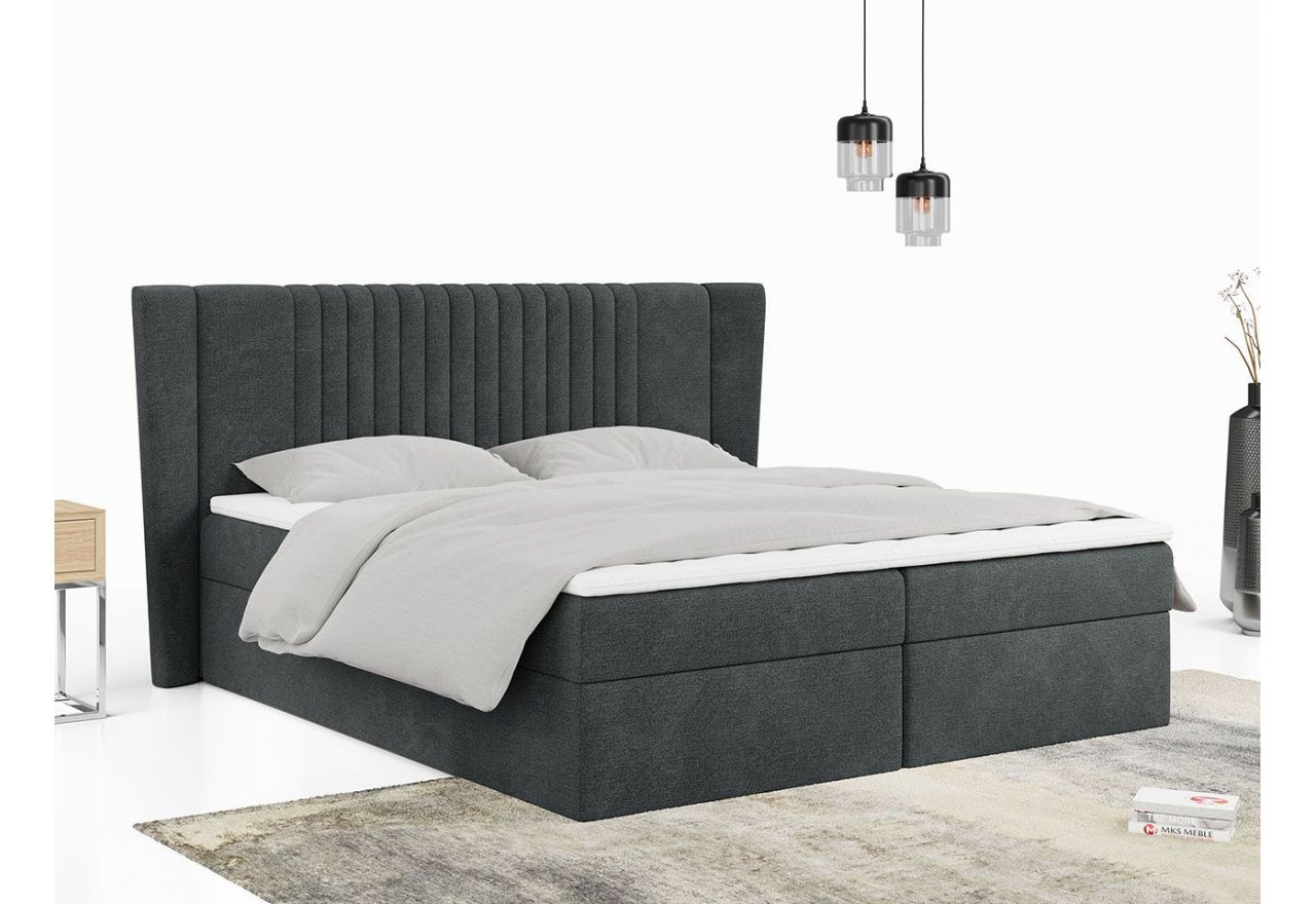 Ciemnoszare łóżko kontynentalne z plecionkową tapicerką i dwoma materacami w zestawie SEDICO 120x200