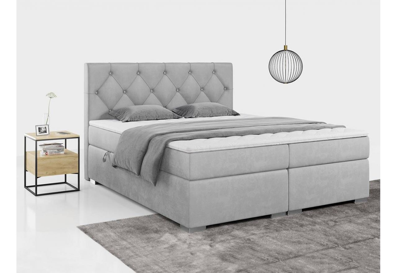Pikowane, wysokie łóżko kontynentalne ALDA z materacem bonell 200x200 cm w welurowej jasno-szarej tkaninie