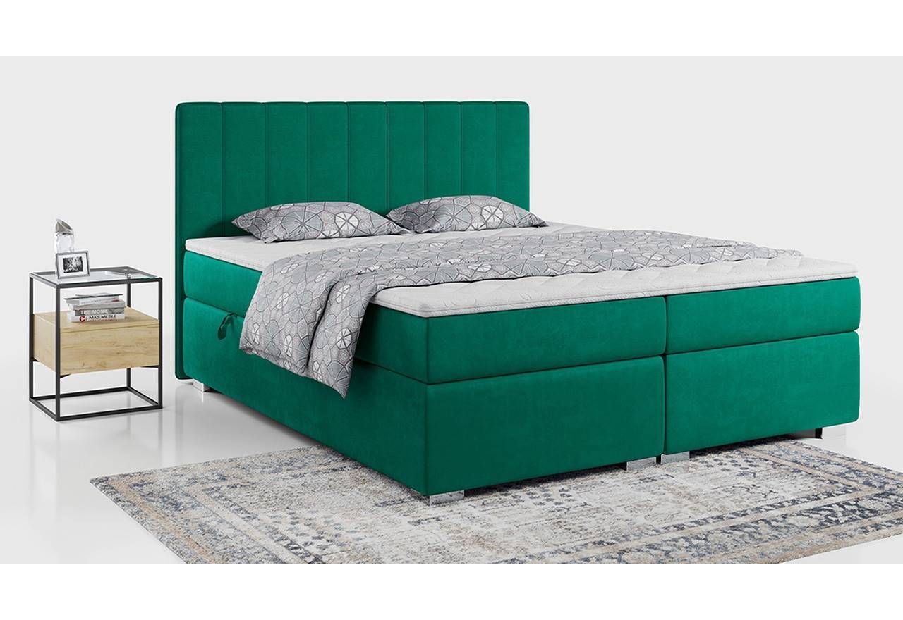 Duże łóżko 2 osobowe kontynentalne ALLY 200x200 do sypialni, w welurowej tkaninie w kolorze butelkowej zieleni