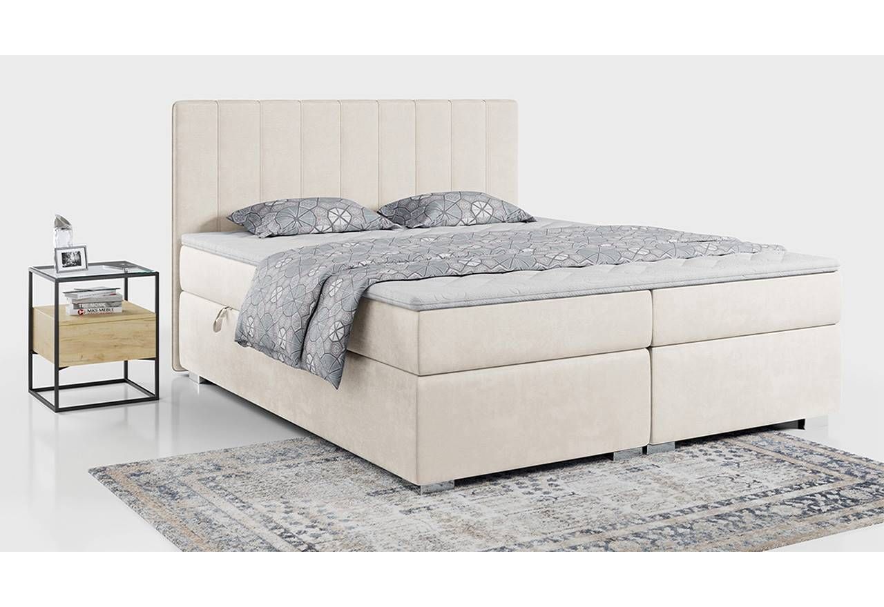 Kremowe łóżko kontynentalne z materacem bonell ALLY 200x200 cm, 2 osobowe, wysokie w pluszowej tkaninie