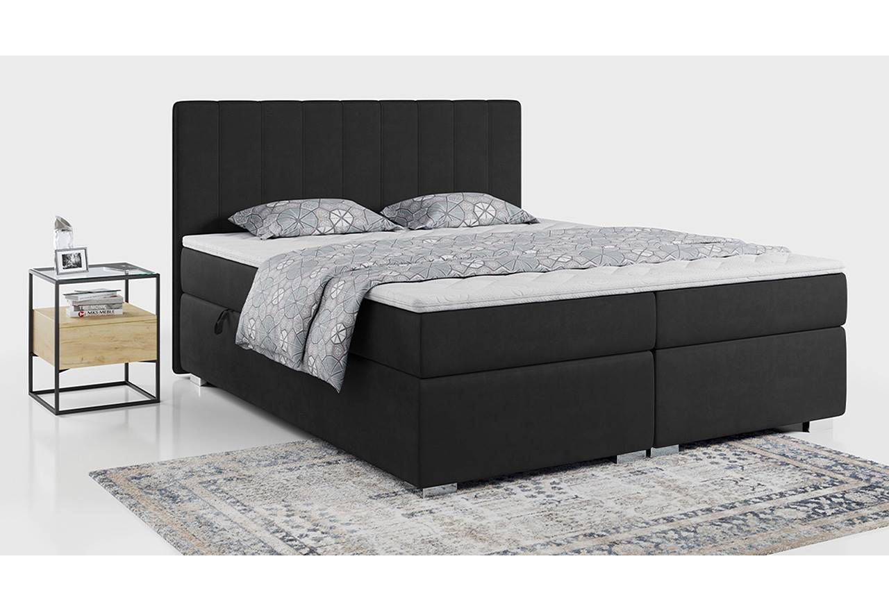 Łóżko 2 osobowe kontynentalne ALLY do sypialni, wysokie z materacem 200x200, welurowe czarne