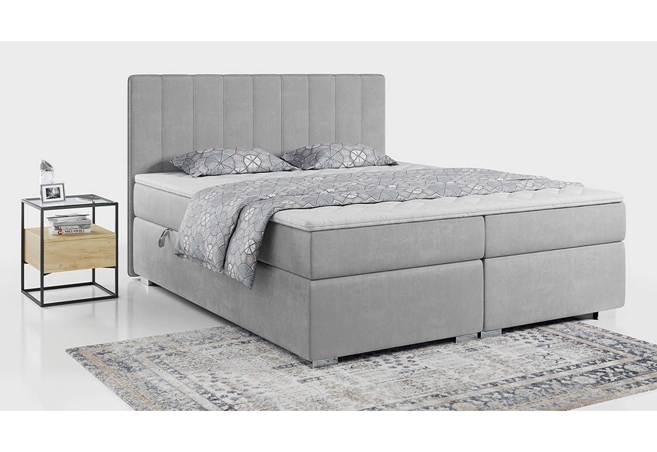 Łóżko welurowe, szare ALLY, kontynentalne z materacem bonell 200x200 cm do sypialni, z wysokim przeszywanym zagłówkiem