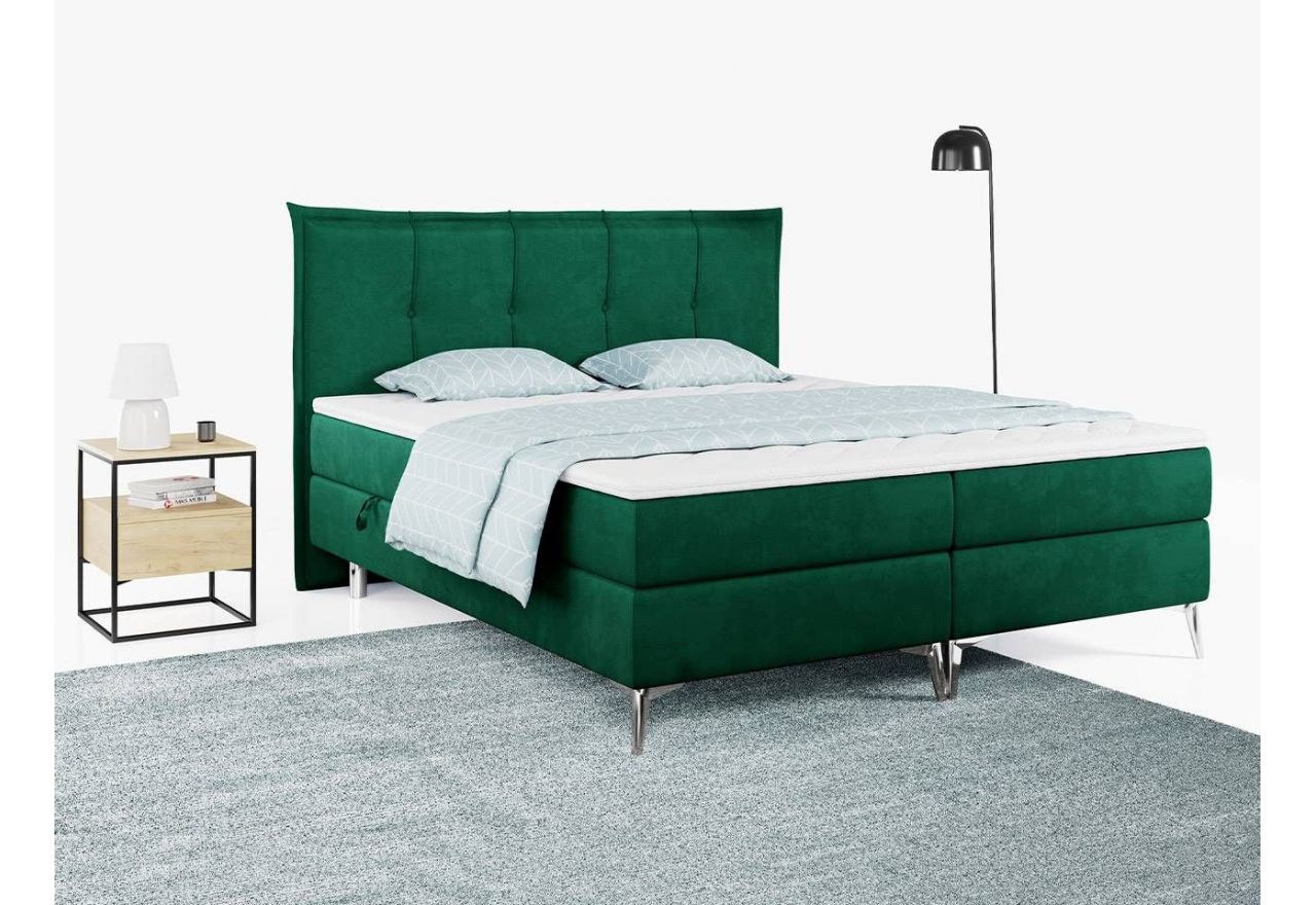Modne łóżko kontynentalne na metalowych nóżkach w miękkiej tkaninie - ARTFUL 120x200 butelkowa zieleń